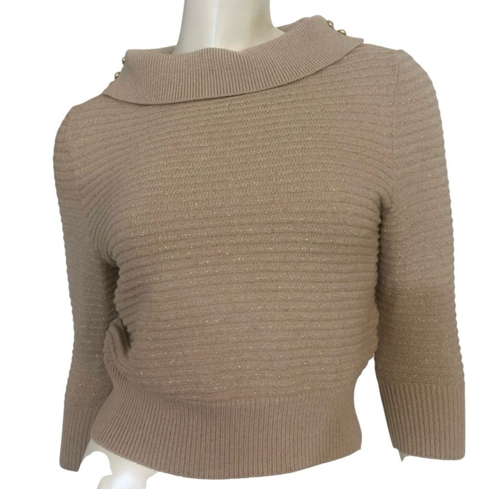 ST.JOHN Elegant Tan Sweater with Pearl Accents